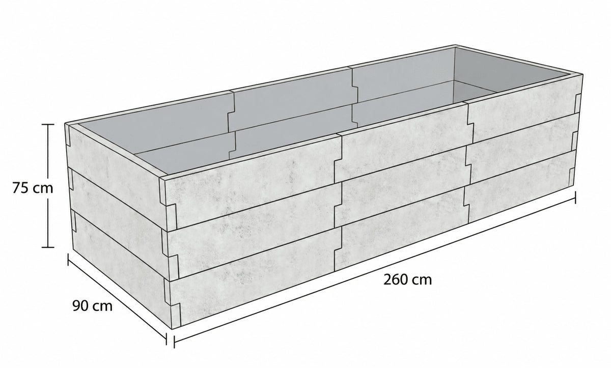 Rysunek techniczny warzywnika betonowego 90 × 260 × 75 cm z betonu architektonicznego, przedstawiający modułową konstrukcję i wymiary.