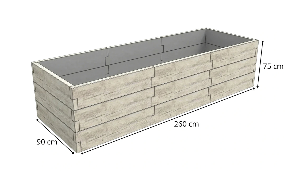 Warzywnik betonowy 260 × 90 × 75 cm – rysunek techniczny z wymiarami