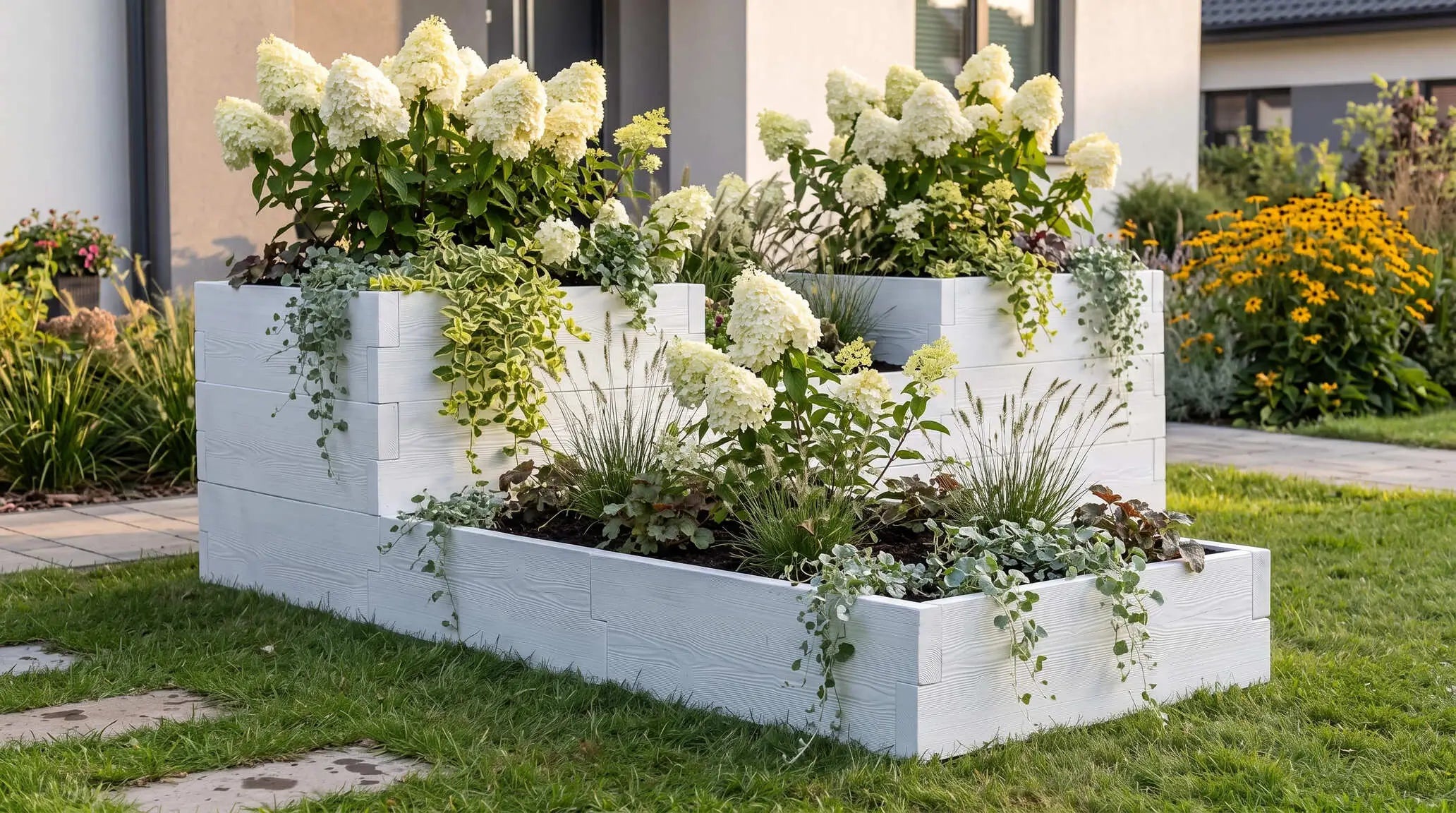 Rabata z hortensjami i trawami – inspiracje przed domem