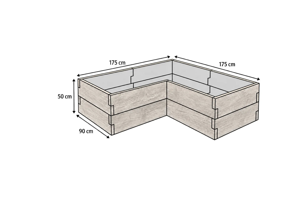Narożny warzywnik betonowy 175x175x50 cm – struktura drewna – rysunek techniczny
