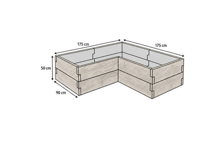 Narożny warzywnik betonowy 175x175x50 cm – struktura drewna – rysunek techniczny