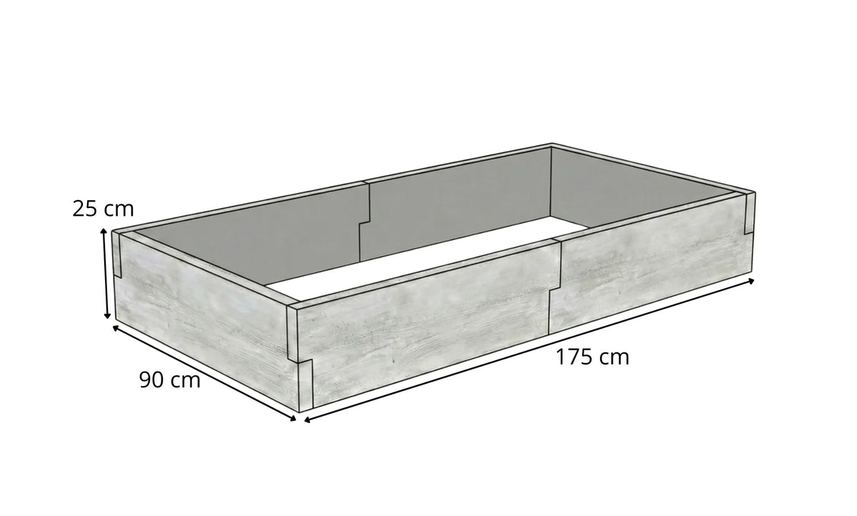Rysunek techniczny warzywnika betonowego 90 × 175 × 25 cm ze strukturą drewna