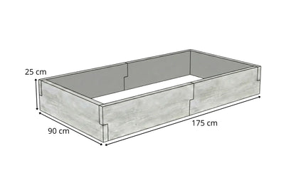 Rysunek techniczny warzywnika betonowego 90 × 175 × 25 cm ze strukturą drewna