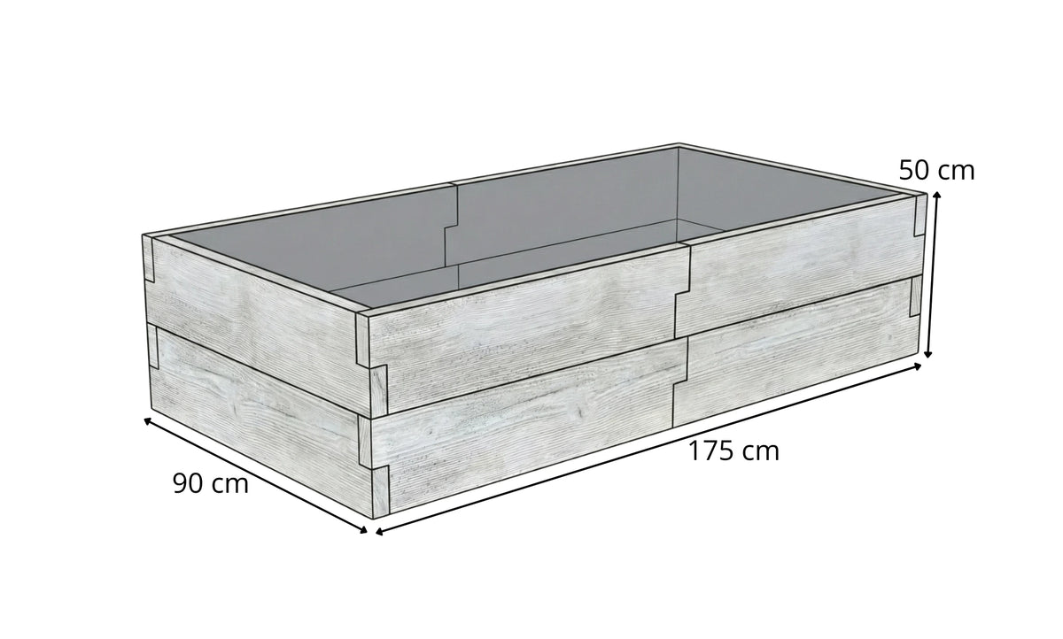 Rysunek techniczny warzywnika betonowego 90 × 175 × 50 cm – grządka podwyższona ze strukturą drewna