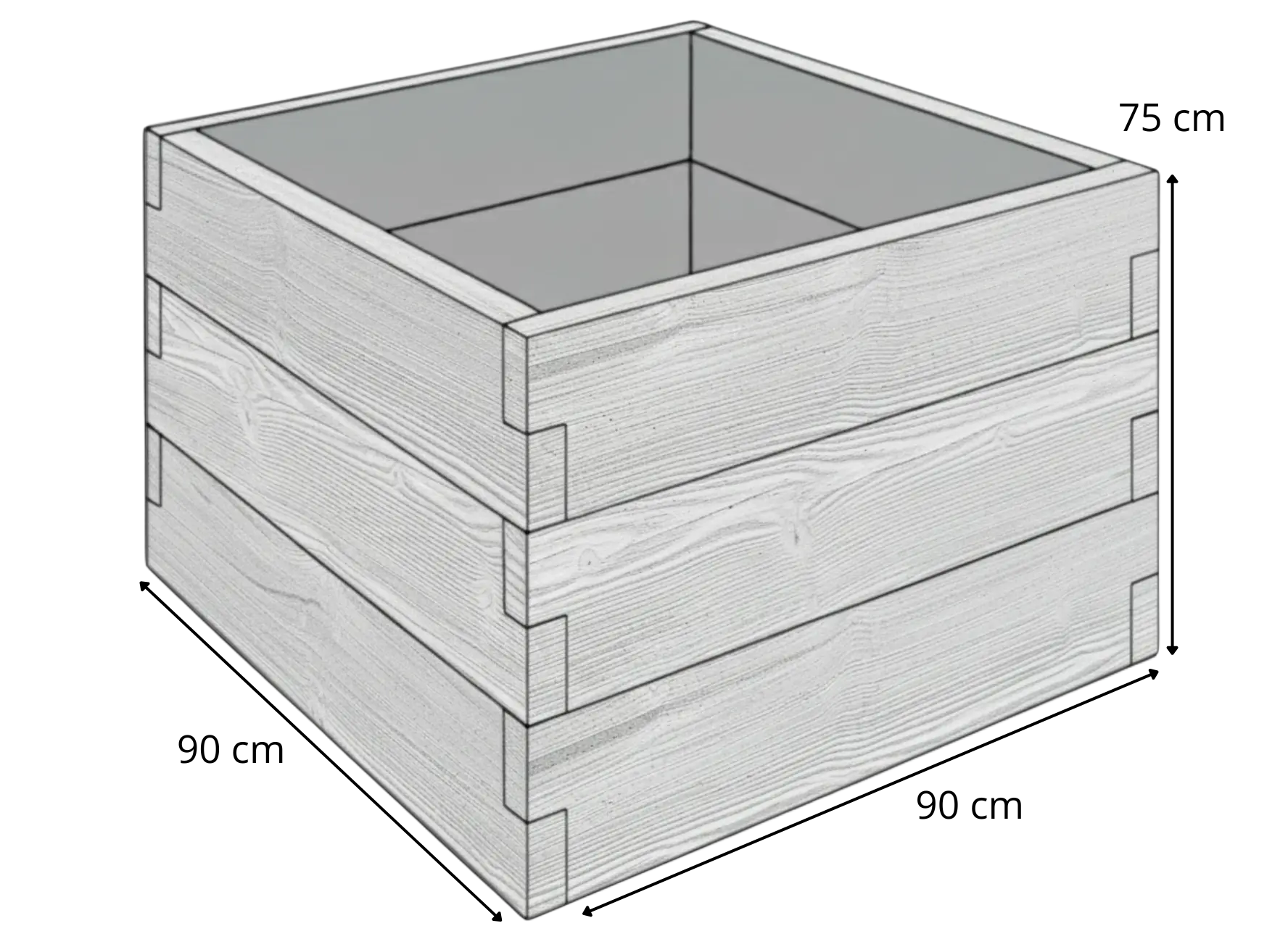 Rysunek techniczny warzywnika betonowego 90 × 90 × 75 cm – modułowa grządka podwyższona