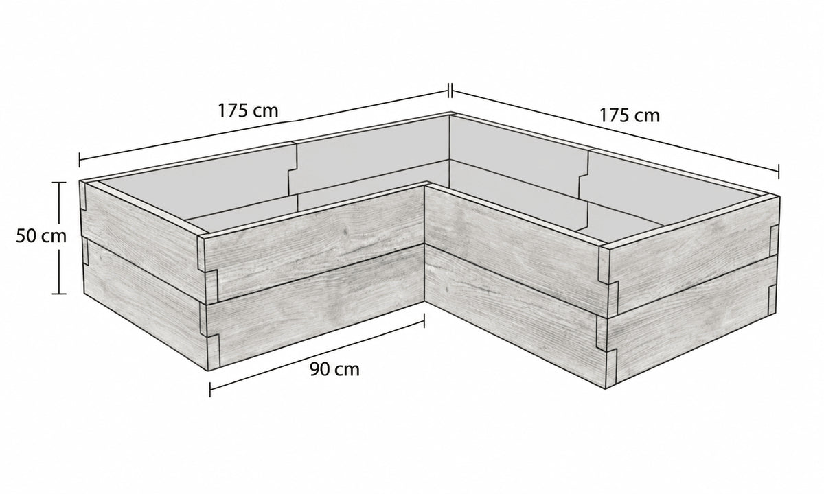Rysunek techniczny warzywnika betonowego narożnego 175 × 175 × 50 cm ze strukturą drewna w kształcie litery L