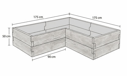 Rysunek techniczny warzywnika betonowego narożnego 175 × 175 × 50 cm ze strukturą drewna w kształcie litery L