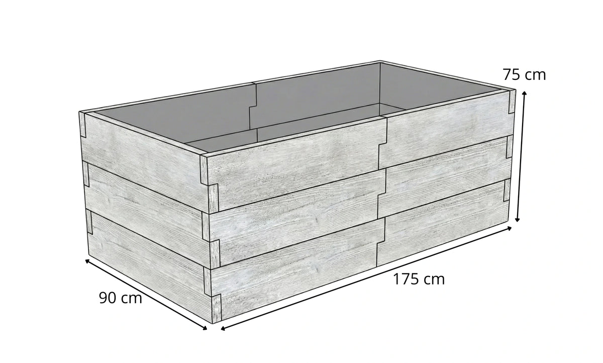 Warzywnik betonowy 175x90x75 cm – struktura drewna, kolor biały – rysunek techniczny