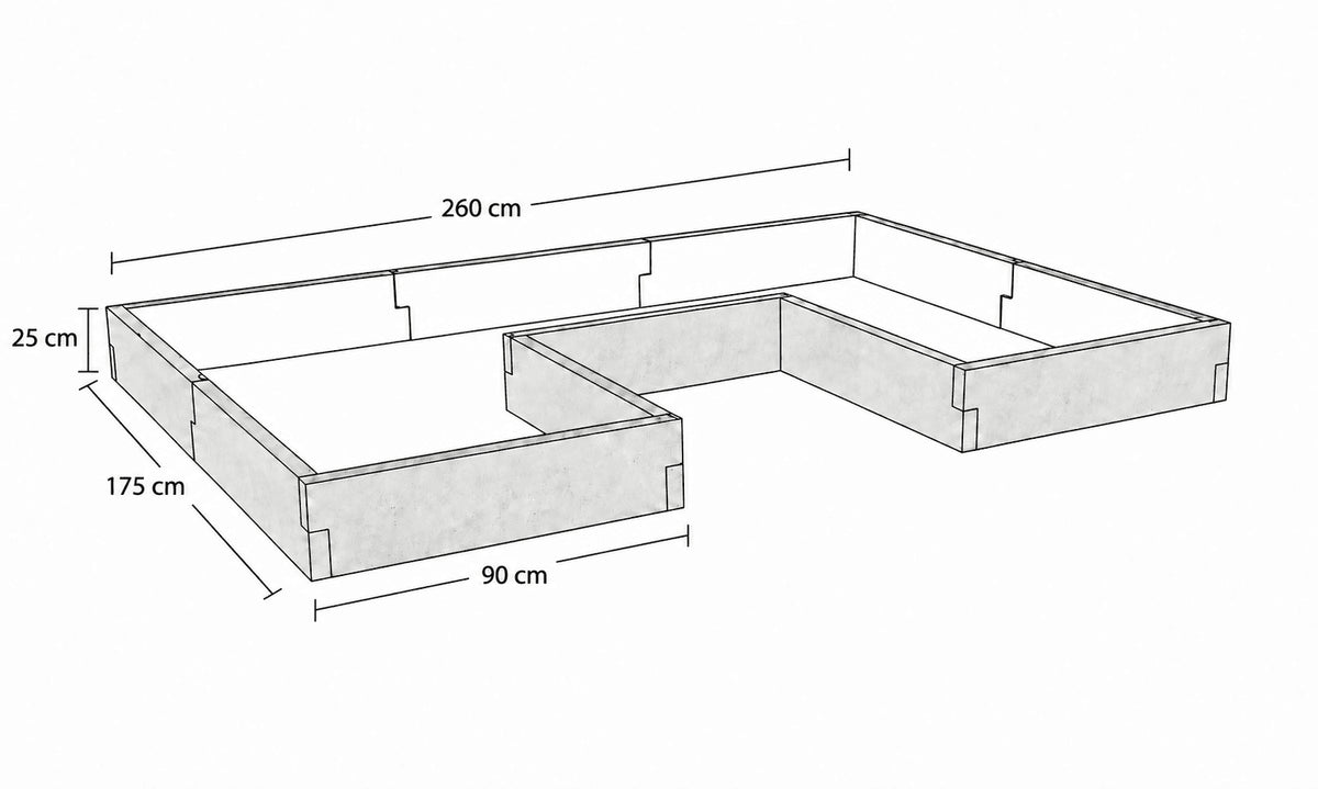 Rysunek wymiarowy warzywnika betonowego 260 × 175 × 25 cm – beton architektoniczny, przedni odcinek 90 cm.