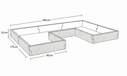 Rysunek wymiarowy warzywnika betonowego 260 × 175 × 25 cm – beton architektoniczny, przedni odcinek 90 cm.