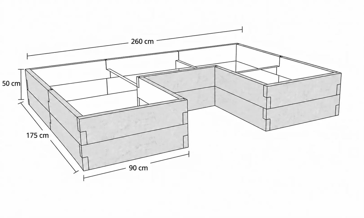 Rysunek techniczny warzywnika betonowego 260 × 175 × 50 cm z oznaczeniem wysokości i wymiarów zewnętrznych.