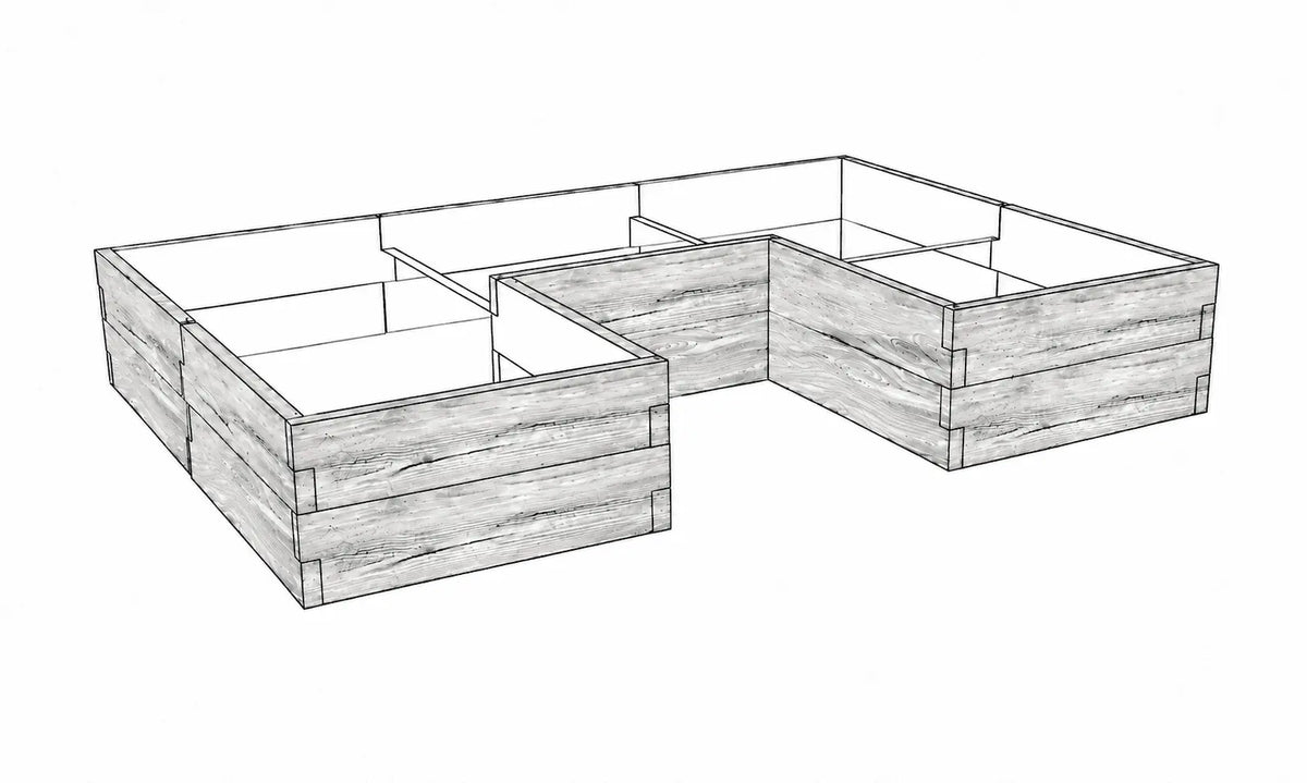 Warzywnik betonowy 260 × 175 × 50 cm ze strukturą drewna, modułowa grządka podwyższona z wewnętrznym wcięciem.