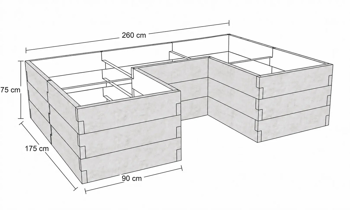 Rysunek techniczny warzywnika betonowego z betonu architektonicznego o wymiarach 260 × 175 × 75 cm, z wewnętrznym wcięciem.