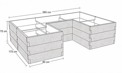 Rysunek techniczny warzywnika betonowego z betonu architektonicznego o wymiarach 260 × 175 × 75 cm, z wewnętrznym wcięciem.