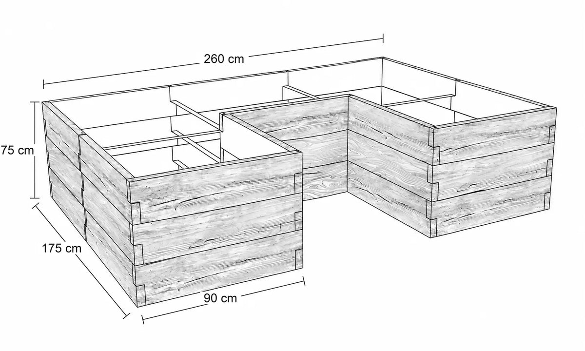 Rysunek techniczny warzywnika betonowego ze strukturą drewna o wymiarach 260 × 175 × 75 cm, z wewnętrznym wcięciem.