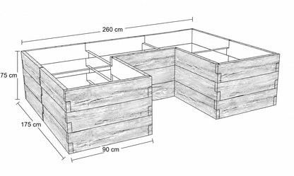 Rysunek techniczny warzywnika betonowego ze strukturą drewna o wymiarach 260 × 175 × 75 cm, z wewnętrznym wcięciem.