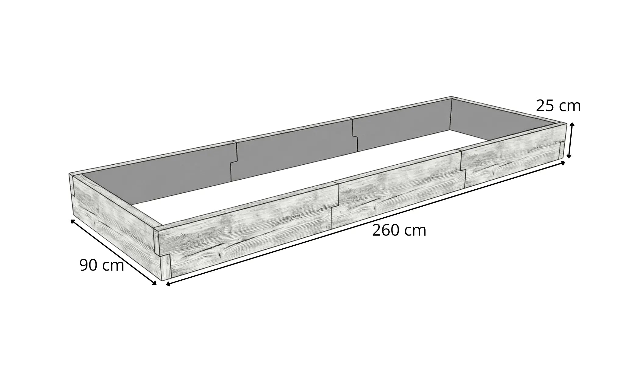 Warzywnik betonowy 260 × 90 × 25 cm – rysunek techniczny z wymiarami