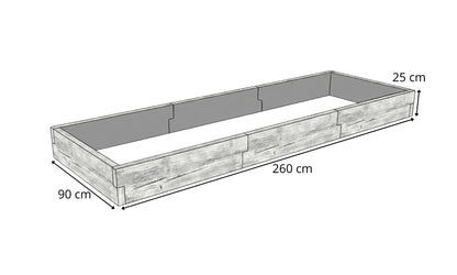 Warzywnik betonowy 260 × 90 × 25 cm – rysunek techniczny z wymiarami