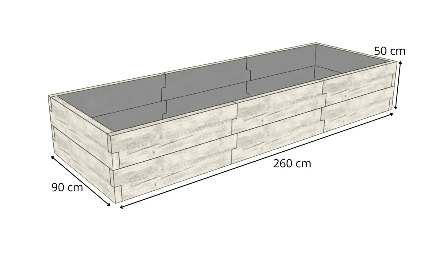 Warzywnik betonowy 260 × 90 × 50 cm – rysunek techniczny z wymiarami