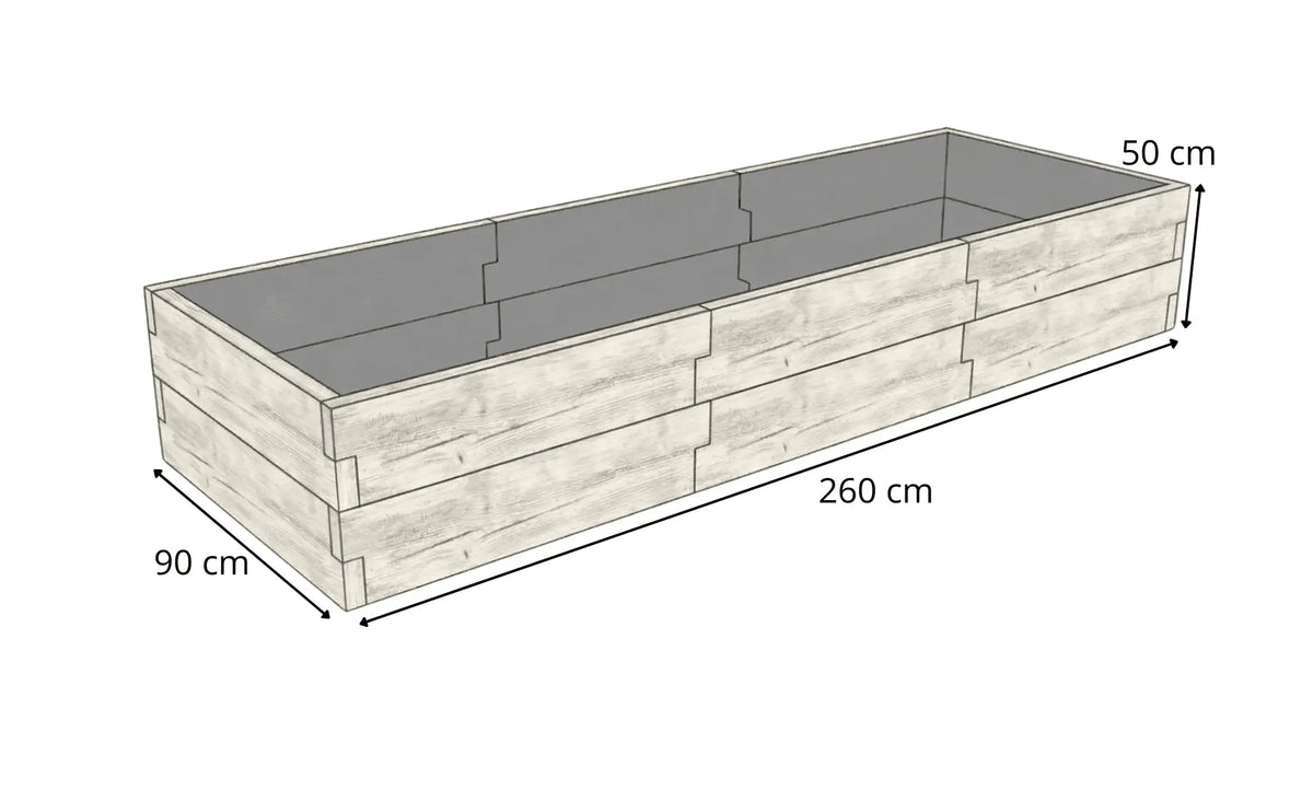 Warzywnik betonowy 260 × 90 × 50 cm – rysunek techniczny z wymiarami