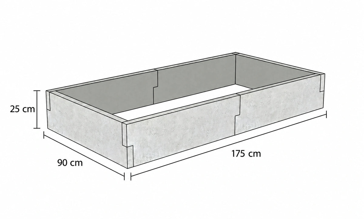 Rysunek techniczny warzywnika betonowego 90 x 175 x 25 cm z betonu architektonicznego