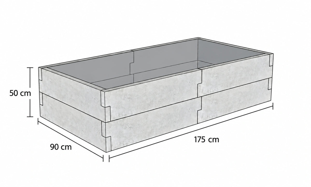 Rysunek techniczny warzywnika betonowego 90 × 175 × 50 cm z betonu architektonicznego, przedstawiający dwupoziomową konstrukcję z oznaczonymi wymiarami.