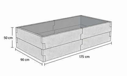 Rysunek techniczny warzywnika betonowego 90 × 175 × 50 cm z betonu architektonicznego, przedstawiający dwupoziomową konstrukcję z oznaczonymi wymiarami.