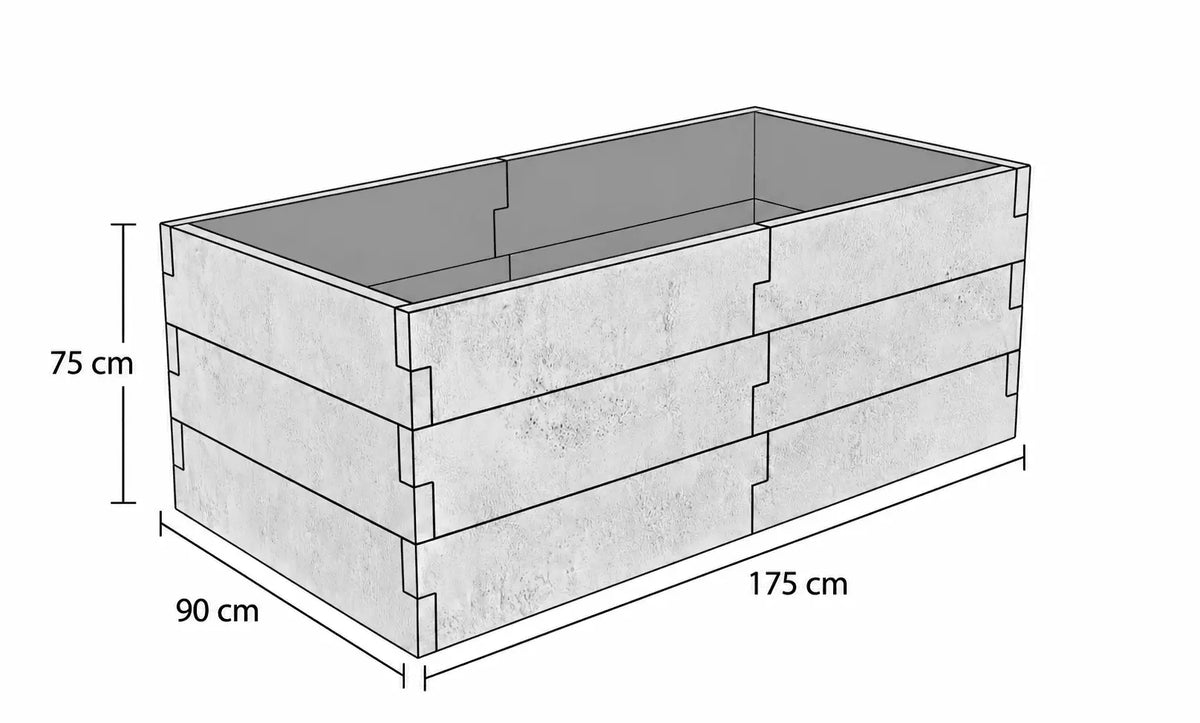 Rysunek techniczny warzywnika betonowego 90 × 175 × 75 cm z betonu architektonicznego, przedstawiający trzy poziomy modułów z oznaczonymi wymiarami.