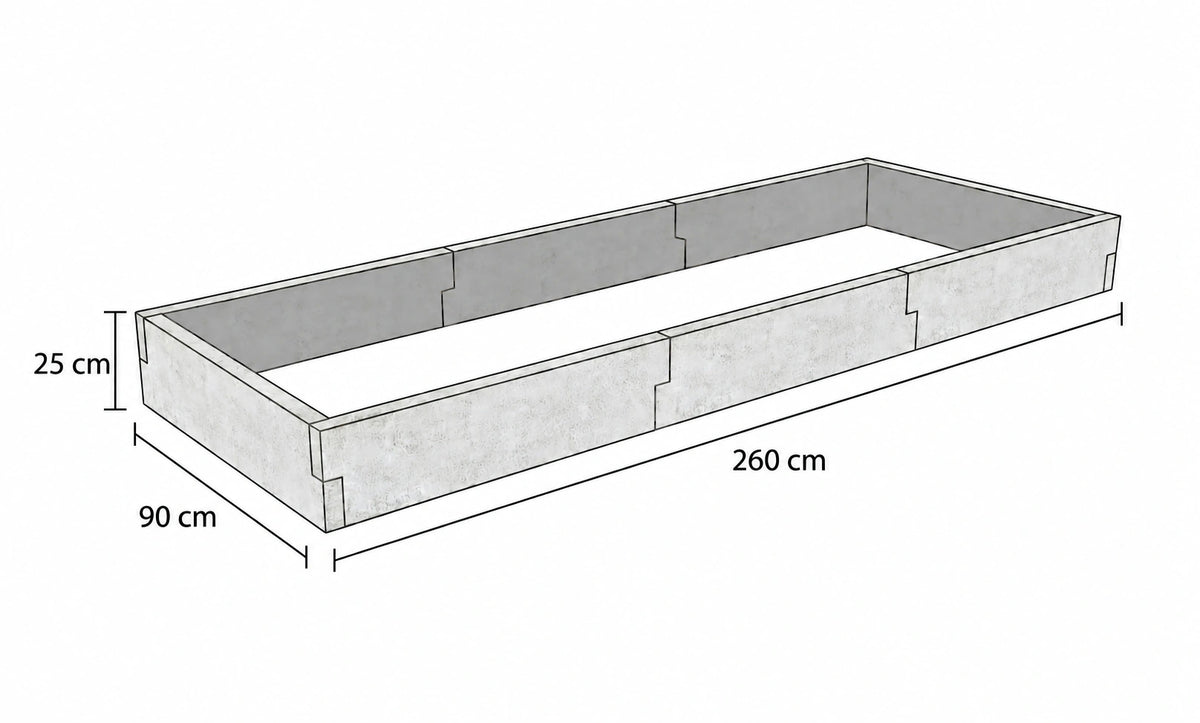 Rysunek techniczny warzywnika betonowego 90 × 260 × 25 cm z betonu architektonicznego, z oznaczoną długością, szerokością i wysokością.