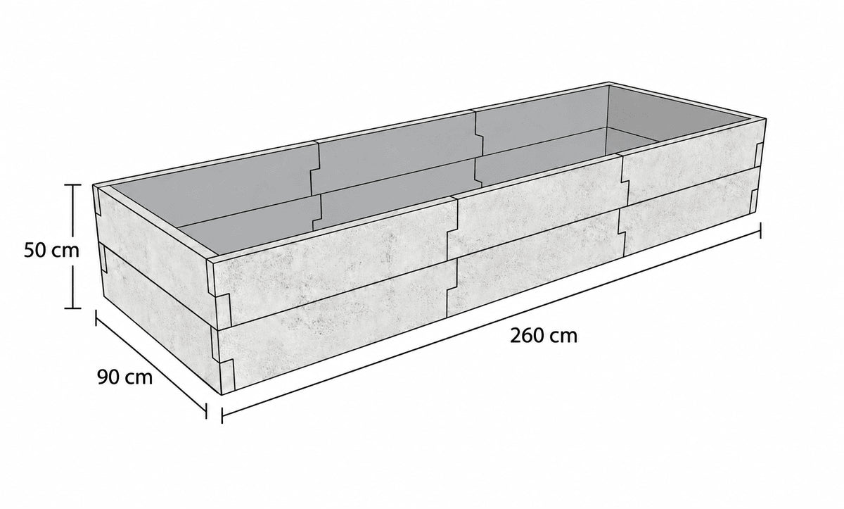 Rysunek techniczny warzywnika betonowego 90 × 260 × 50 cm z betonu architektonicznego, z oznaczoną długością, szerokością i wysokością.