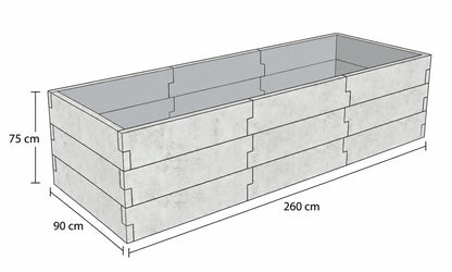Rysunek techniczny warzywnika betonowego 90 × 260 × 75 cm z betonu architektonicznego, przedstawiający modułową konstrukcję i wymiary.