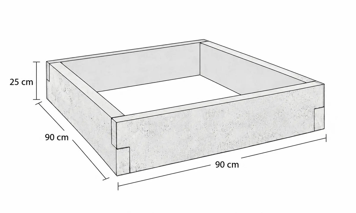 Rysunek wymiarowy warzywnika betonowego 90 × 90 × 25 cm z betonu architektonicznego – konstrukcja z czterech modułów.