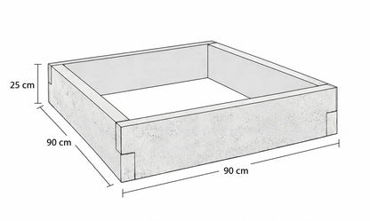 Rysunek wymiarowy warzywnika betonowego 90 × 90 × 25 cm z betonu architektonicznego – konstrukcja z czterech modułów.