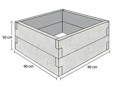 Rysunek techniczny warzywnika betonowego 90 × 90 × 50 cm z betonu architektonicznego, przedstawiający dwa poziomy modułów z oznaczonymi wymiarami.