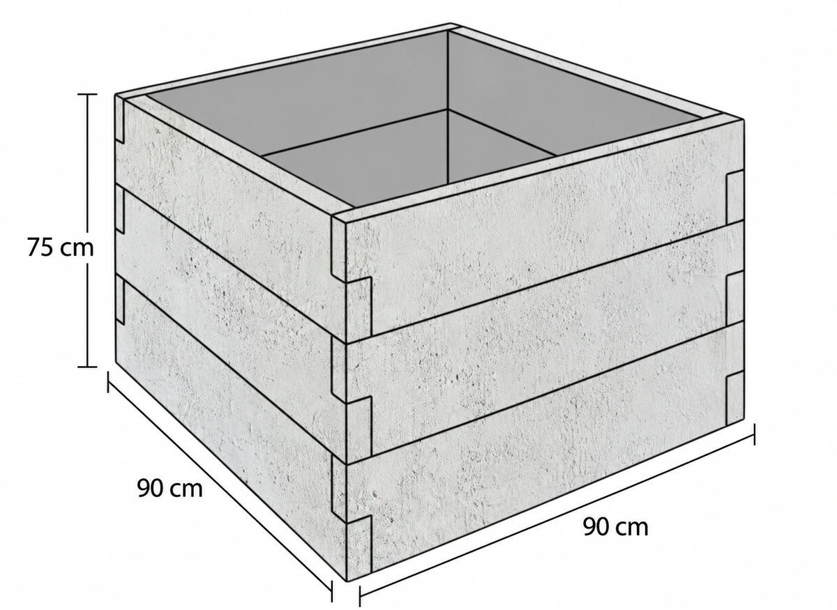 Rysunek techniczny warzywnika betonowego 90 × 90 × 75 cm z betonu architektonicznego, przedstawiający trzy poziomy modułów z oznaczonymi wymiarami.
