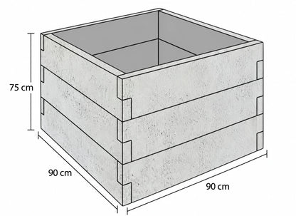 Rysunek techniczny warzywnika betonowego 90 × 90 × 75 cm z betonu architektonicznego, przedstawiający trzy poziomy modułów z oznaczonymi wymiarami.