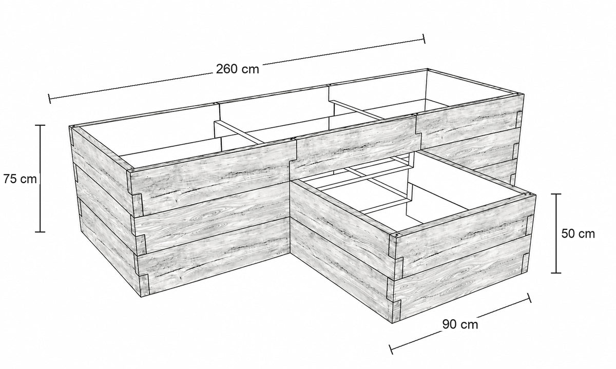 Rysunek wymiarowy warzywnika betonowego dwupoziomowego ze strukturą drewna 260 × 175 cm – wysokość 75 cm w części głównej i 50 cm w części bocznej.
