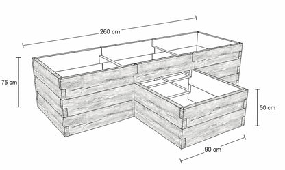 Rysunek wymiarowy warzywnika betonowego dwupoziomowego ze strukturą drewna 260 × 175 cm – wysokość 75 cm w części głównej i 50 cm w części bocznej.