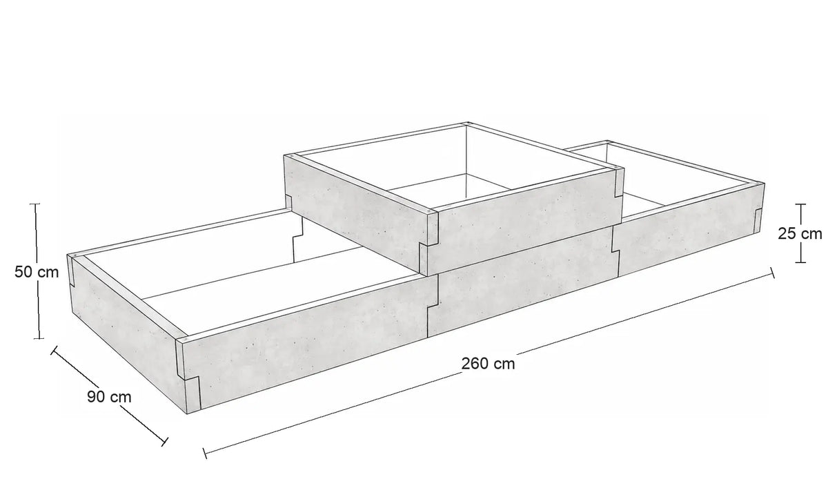 Rysunek wymiarowy warzywnika betonowego dwupoziomowego 260 × 90 cm – wysokość 50 cm w części środkowej i 25 cm po bokach.