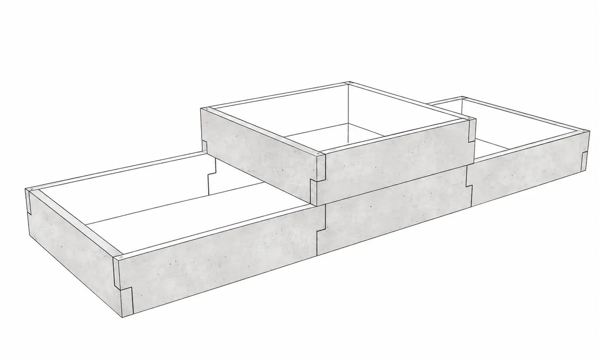 Warzywnik betonowy dwupoziomowy 260 × 90 × 50 cm z betonu architektonicznego – widok konstrukcji z podwyższoną częścią środkową.