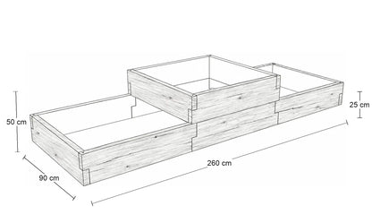 Rysunek wymiarowy warzywnika betonowego dwupoziomowego ze strukturą drewna 260 × 90 cm – wysokość 50 cm pośrodku i 25 cm po bokach.