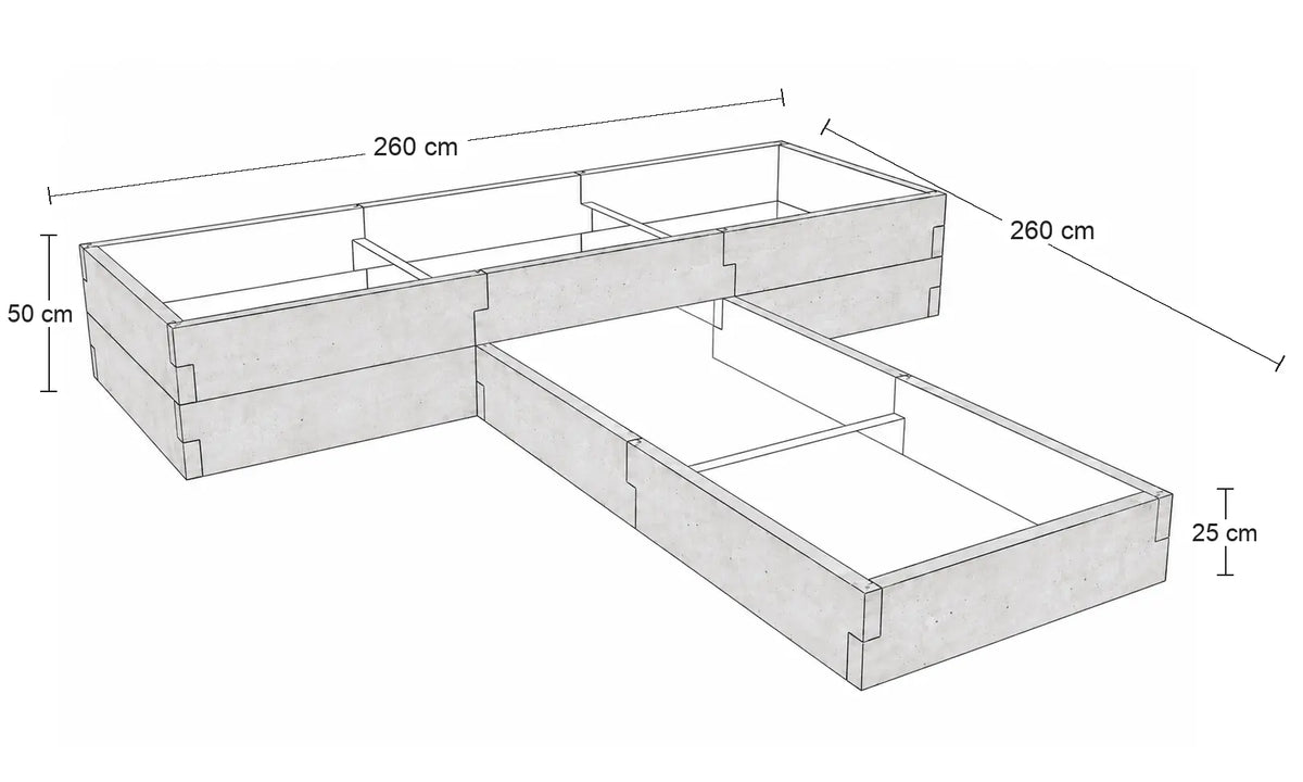 Rysunek wymiarowy warzywnika betonowego w kształcie T 260 × 260 cm – wysokości konstrukcji 25 i 50 cm.