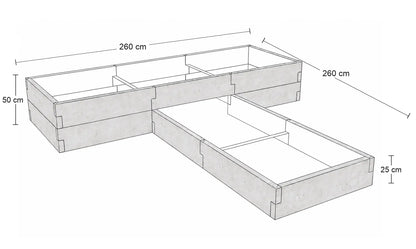Rysunek wymiarowy warzywnika betonowego w kształcie T 260 × 260 cm – wysokości konstrukcji 25 i 50 cm.