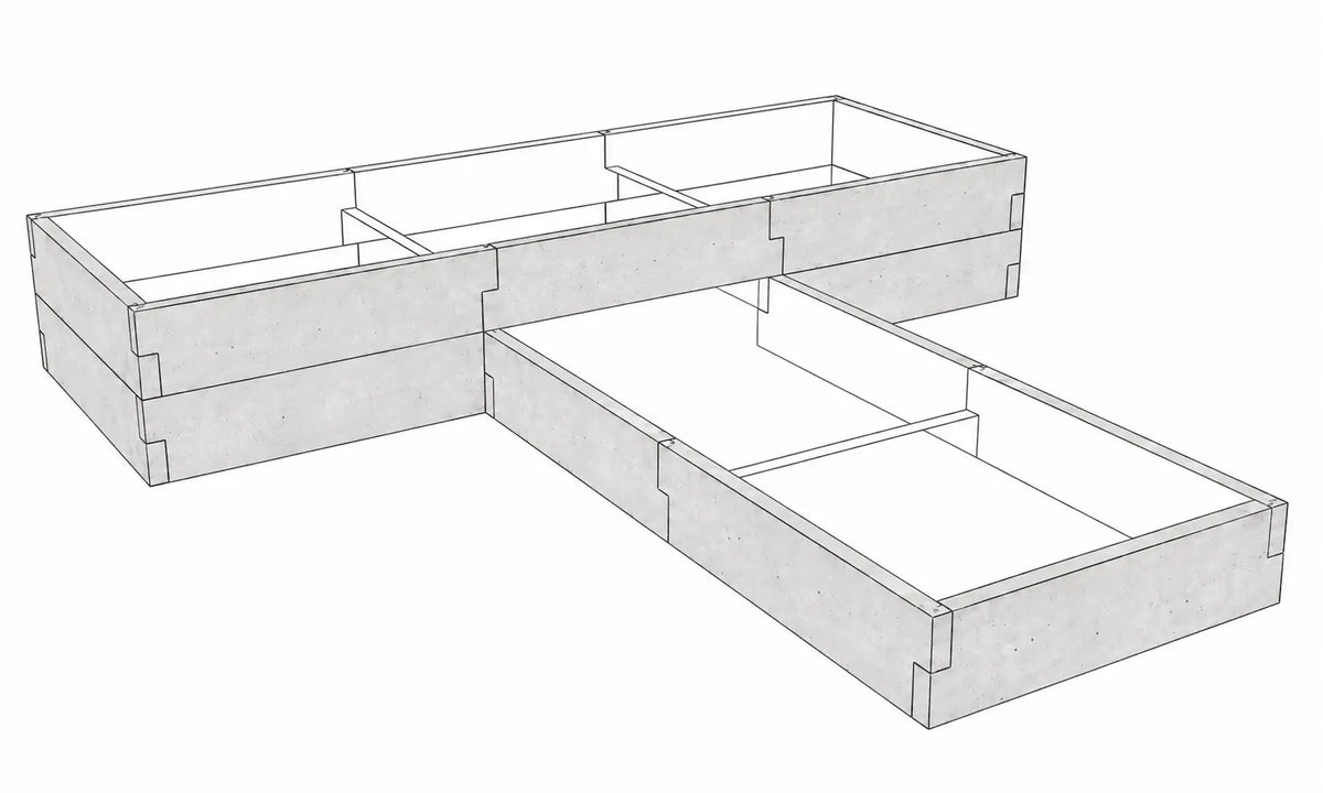 Warzywnik betonowy w kształcie T 260 × 260 × 50 cm z betonu architektonicznego – modułowa konstrukcja o dwóch wysokościach uprawowych.