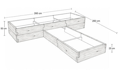Rysunek wymiarowy warzywnika betonowego w kształcie T ze strukturą drewna 260 × 260 cm – wysokości konstrukcji 25 i 50 cm.