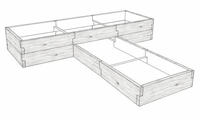 Warzywnik betonowy w kształcie T 260 × 260 × 50 cm ze strukturą drewna – modułowa konstrukcja o dwóch wysokościach z naturalną fakturą desek.