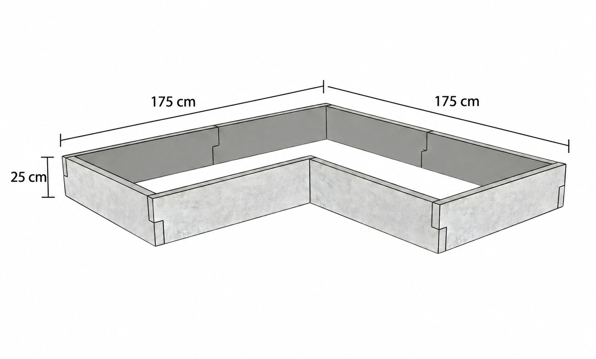 Rysunek techniczny warzywnika betonowego narożnego 175 × 175 × 25 cm z betonu architektonicznego, w kształcie litery L, z oznaczonymi wymiarami.