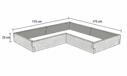 Rysunek techniczny warzywnika betonowego narożnego 175 × 175 × 25 cm z betonu architektonicznego, w kształcie litery L, z oznaczonymi wymiarami.