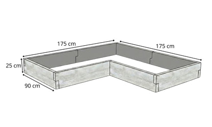 Narożny warzywnik betonowy 175x175x25 cm – struktura drewna – rysunek techniczny