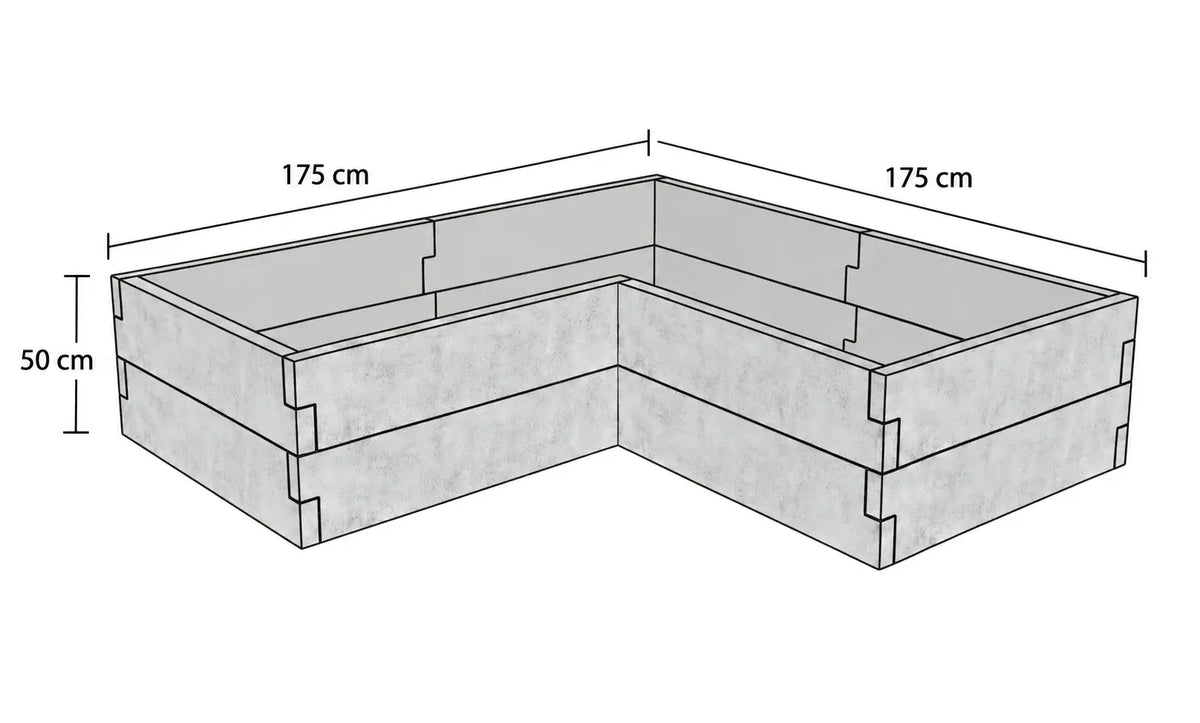 Rysunek techniczny warzywnika betonowego narożnego 175 × 175 × 50 cm z betonu architektonicznego, w kształcie litery L, z oznaczonymi wymiarami.